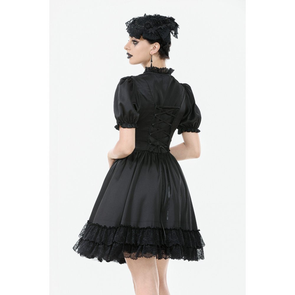 Dark in Love Belladonna Goth Dress – Black Lace-Up Puff Sleeve