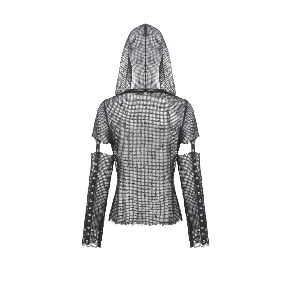 Dark in Love Punk Mesh Hollow-Out Hooded Top – Black Gothic Layer