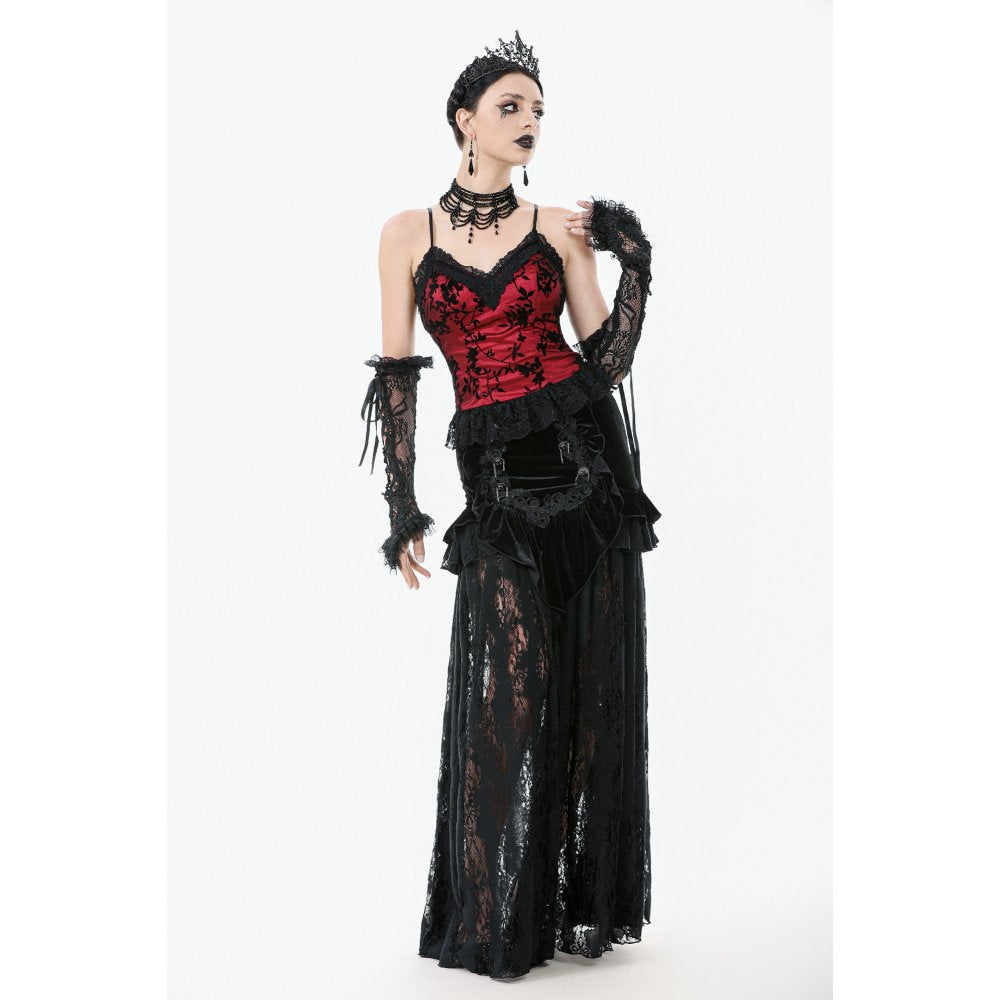 Dark in Love Gothic Lace Velvet Layered Maxi Skirt – Black Victorian