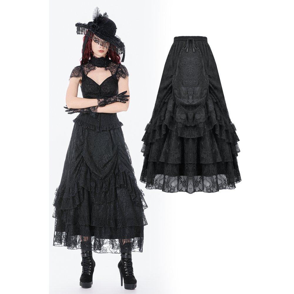 Dark in Love Vintage Gothic Lace Layered Maxi Skirt - Black Victorian