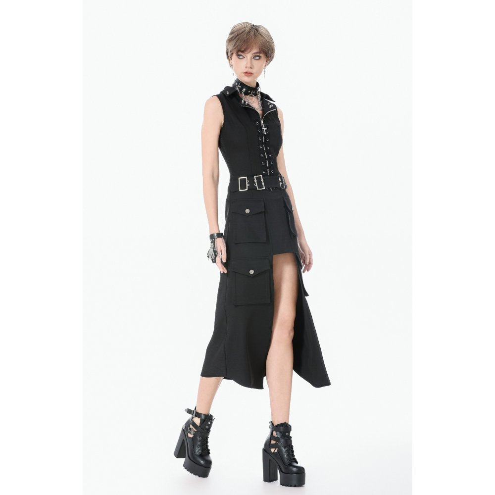 Dark in Love Black Punk Long Skirt – Layered Cutout Belted Gothic Skirt