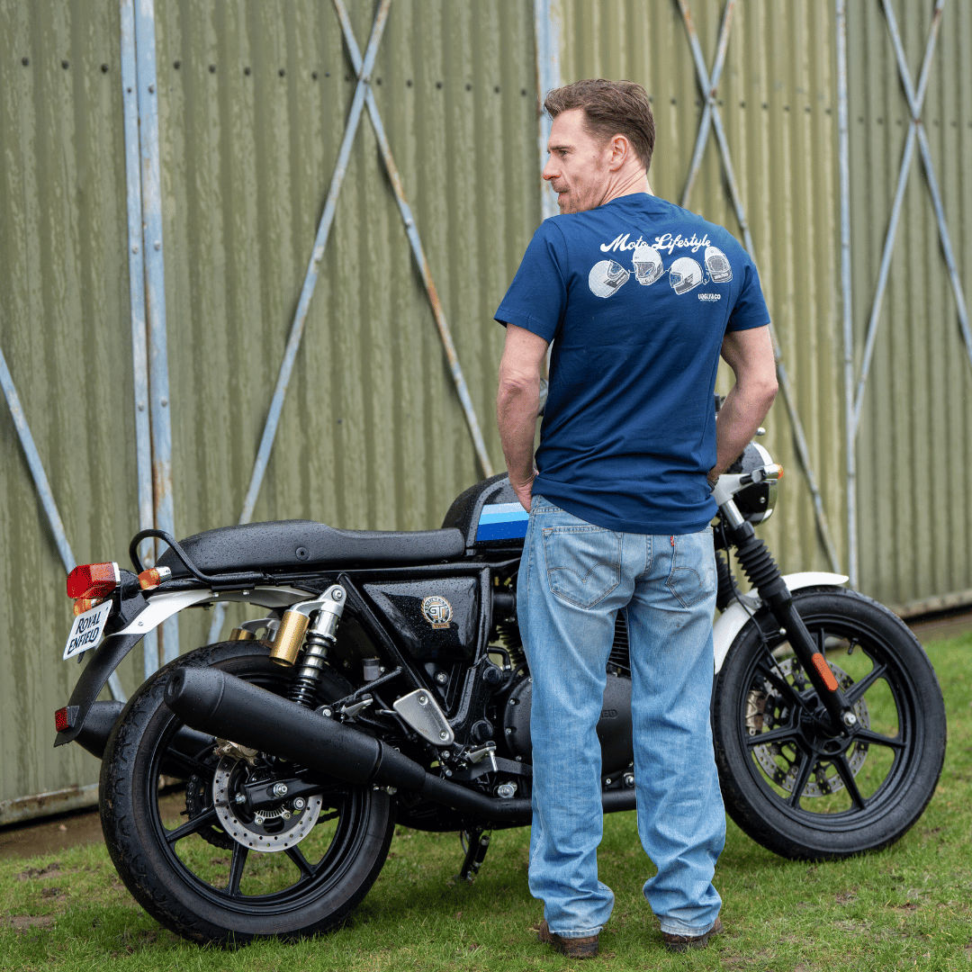 Uggly and Co Navy U&C Helmet Tee – Heavyweight Cotton Moto Graphic Shirt