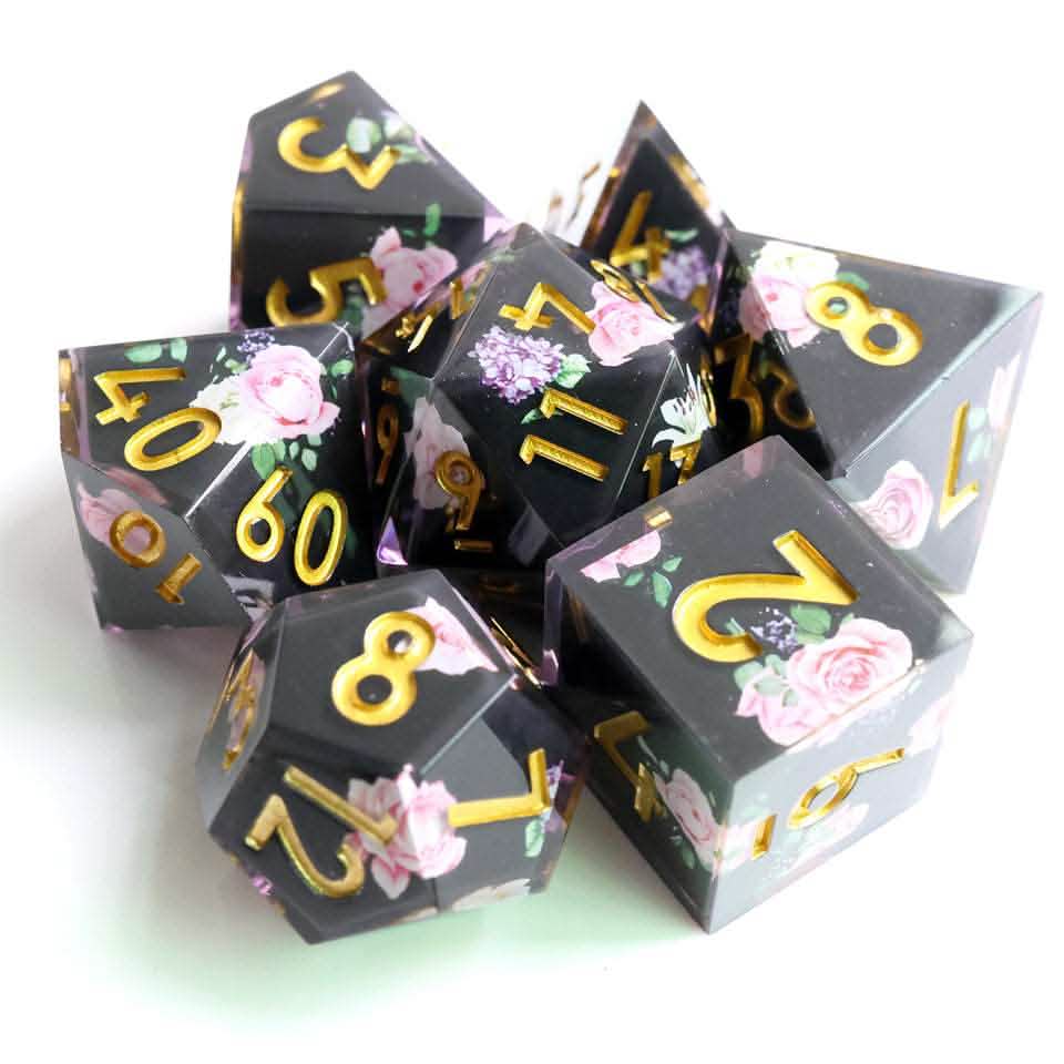 Floral Tsundere | Sharp Edge Dice | Resin | 7 Piece Set