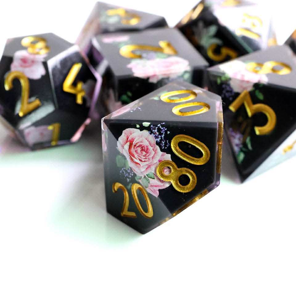 Floral Tsundere | Sharp Edge Dice | Resin | 7 Piece Set