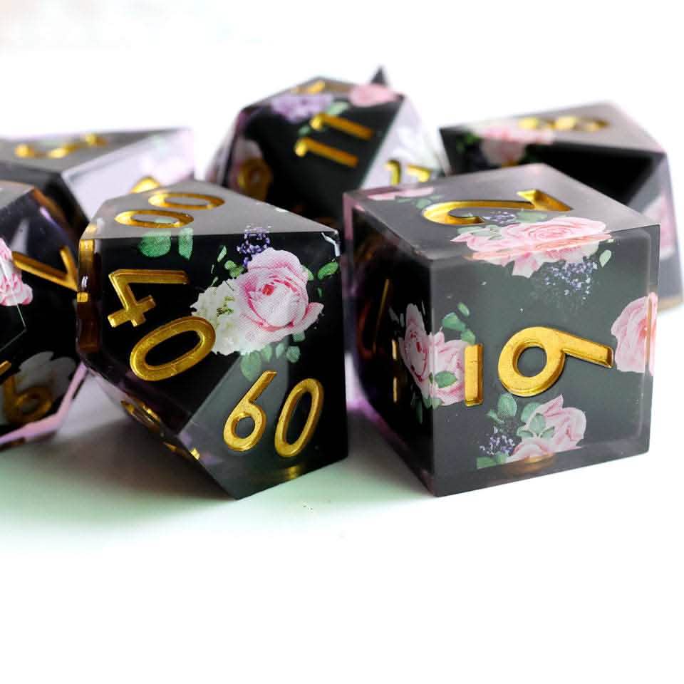 Floral Tsundere | Sharp Edge Dice | Resin | 7 Piece Set