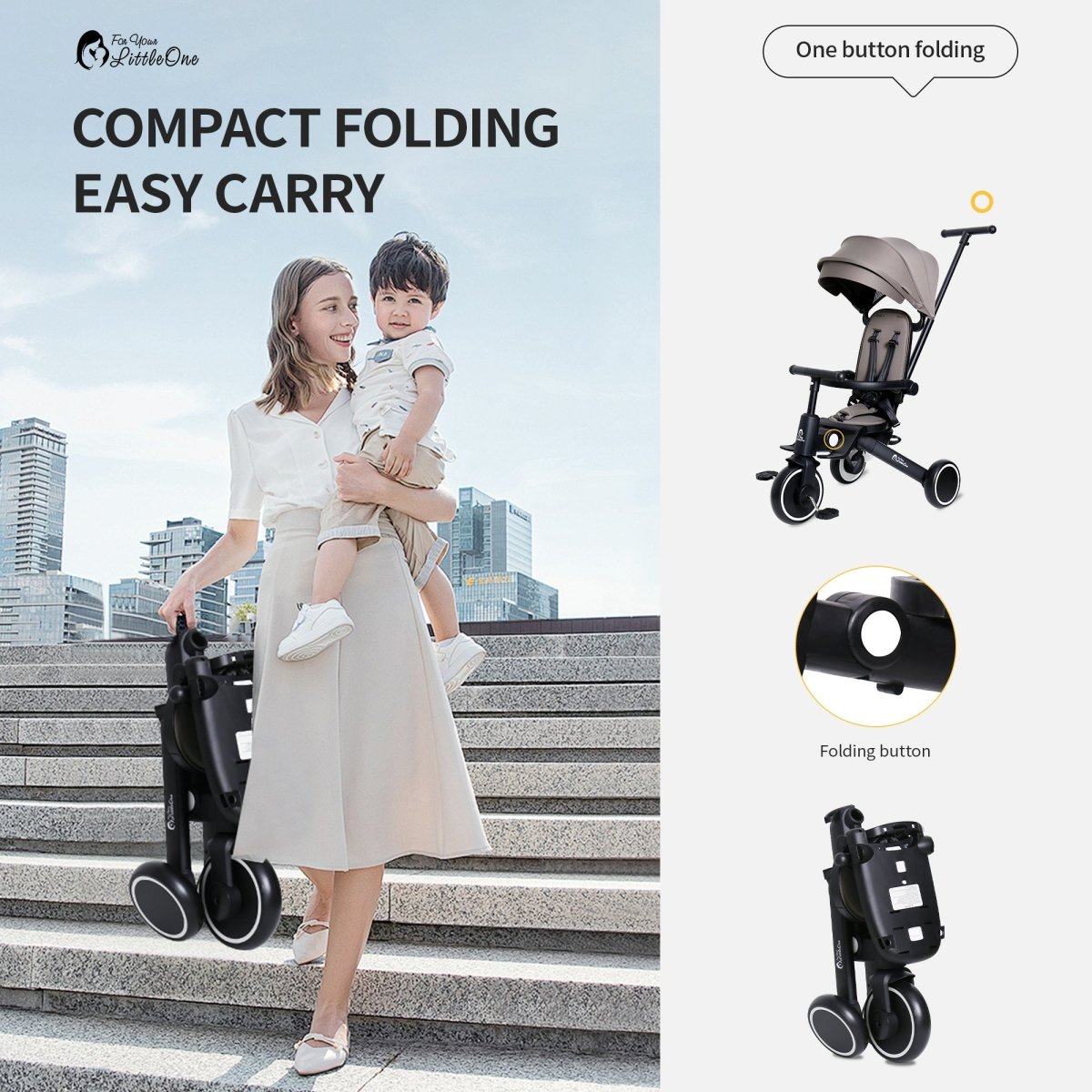 For Your Little One Xplor 6-in-1 Foldable Tricycle - Grey Olive
