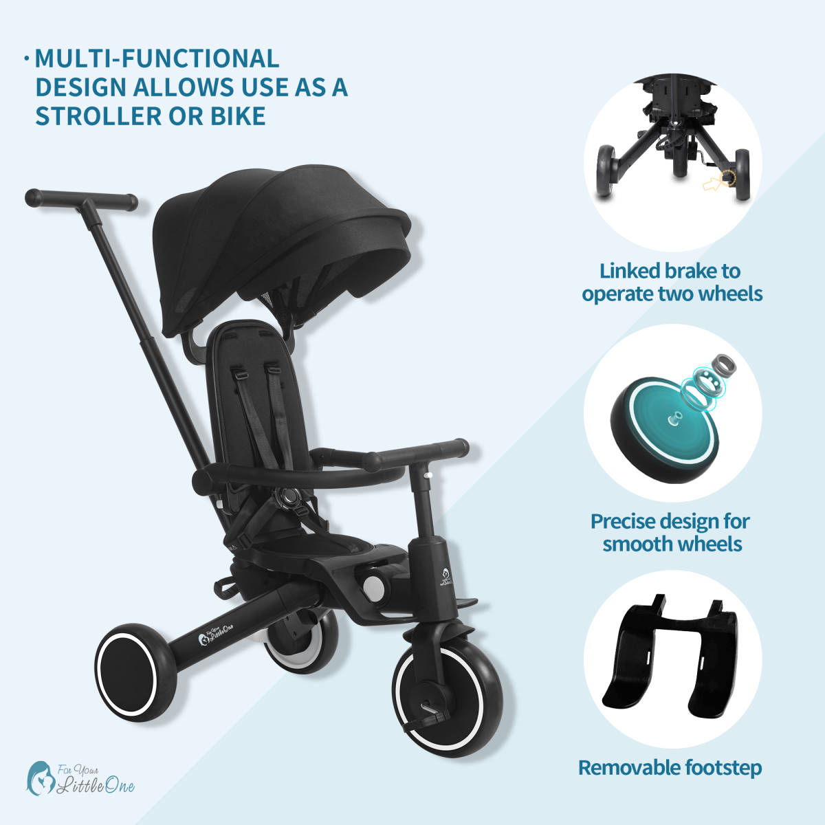 For Your Little One Xplor 8-in-1 Foldable Tricycle - Jet Black (10m-4y)