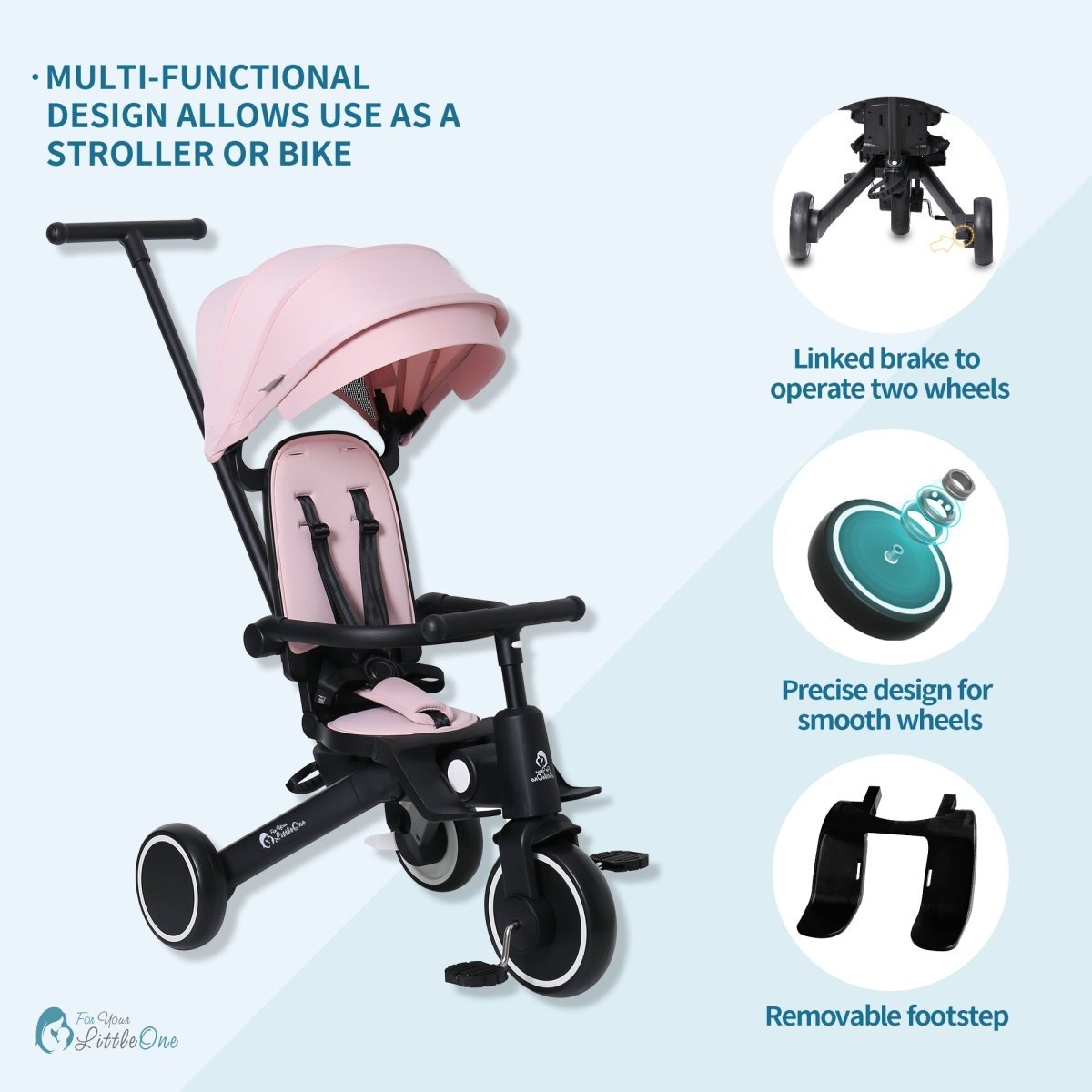 For Your Little One Xplor 6-in-1 Foldable Trike - Pastel Pink