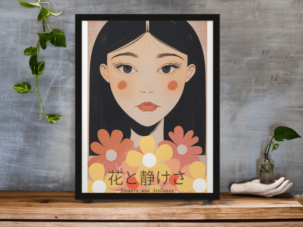 Flowers & Stillness: Japanese Portrait Art Print - Stunning Matte Poster for Home Decor