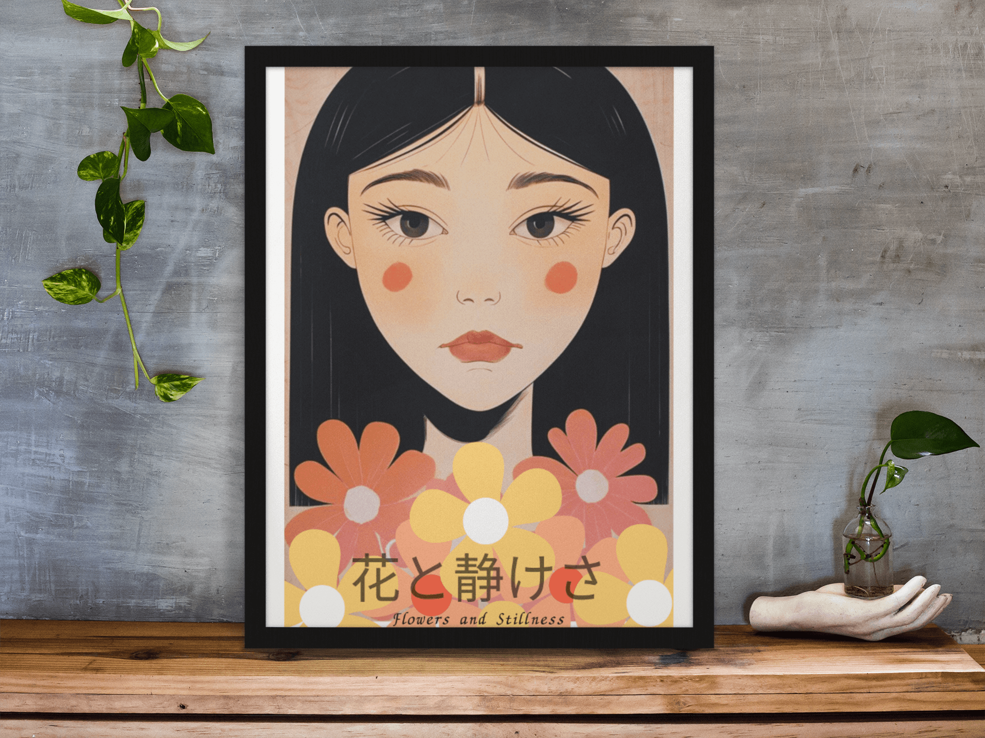 Flowers & Stillness: Japanese Portrait Art Print - Stunning Matte Poster for Home Decor