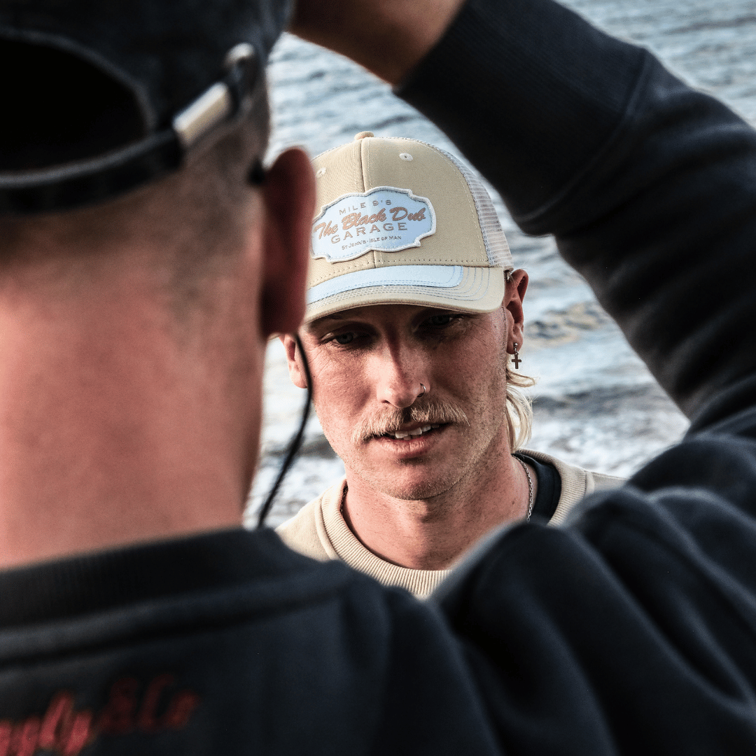 Uggly and Co Black Dub Garage Trucker Hat – Beige and Sky Blue Mesh Cap