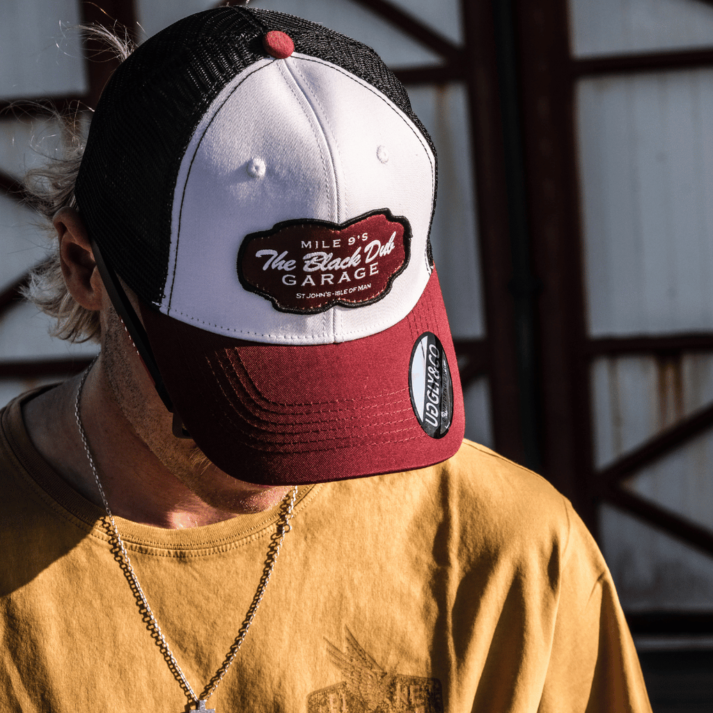 Uggly and Co Black Dub Garage Trucker Hat – Burgundy Isle of Man TT