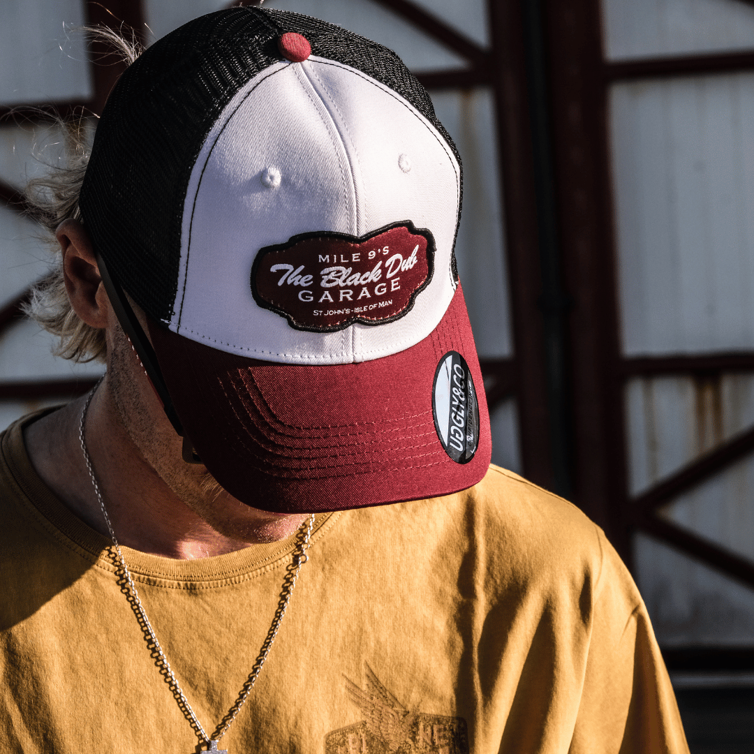Uggly and Co Black Dub Garage Trucker Hat – Burgundy Isle of Man TT
