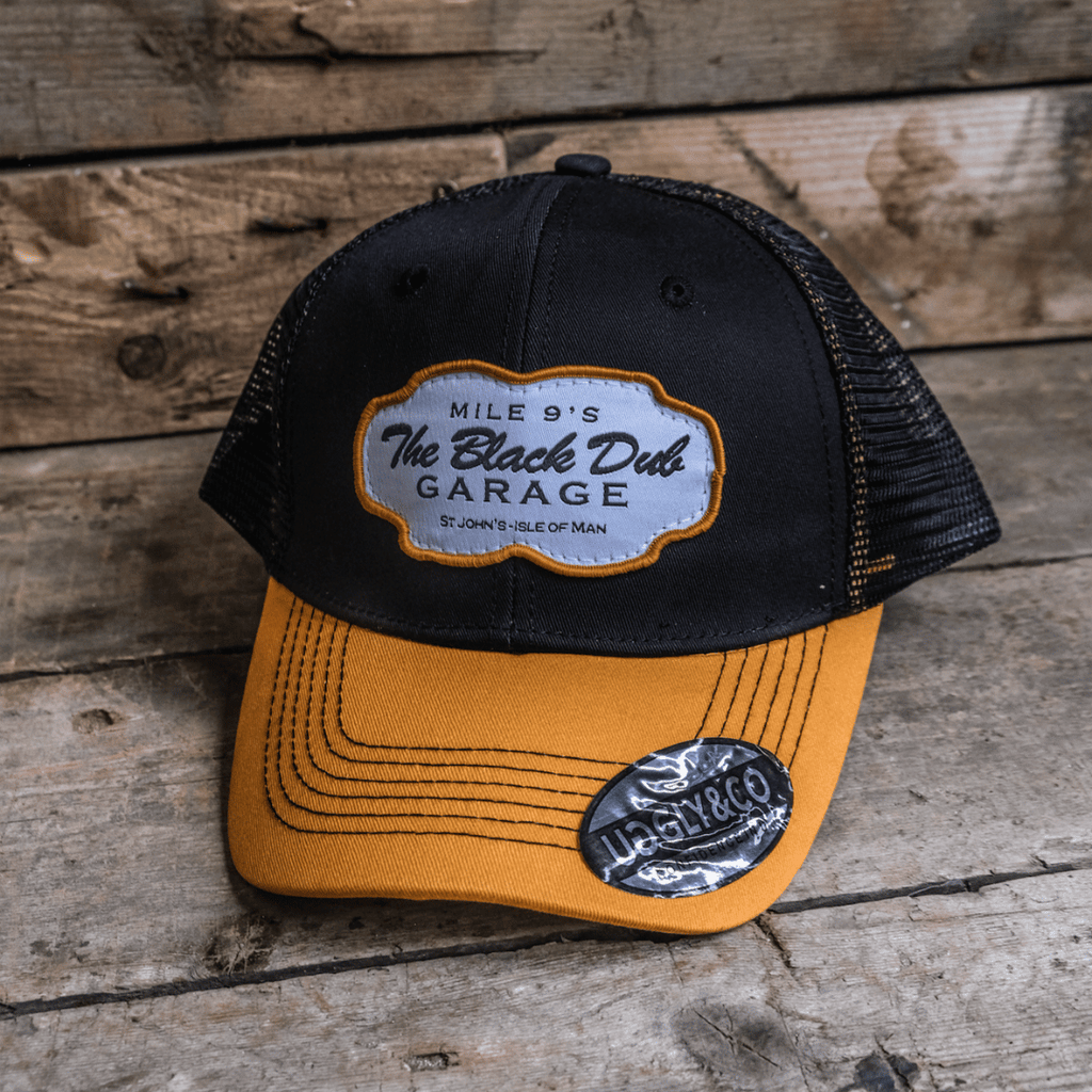 Black Dub Garage Trucker Hat – Black & Yellow Mesh Cap by Uggly and Co