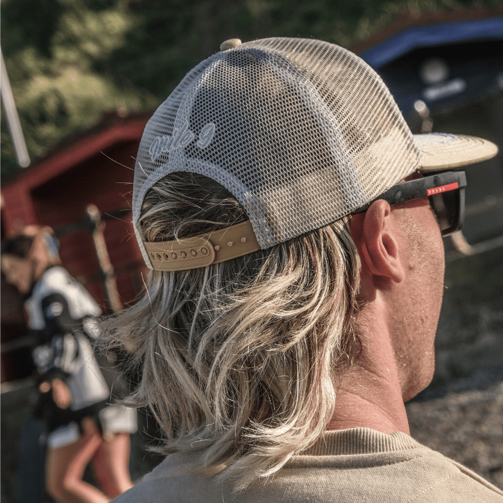 Uggly and Co Black Dub Garage Trucker Hat – Beige and Sky Blue Mesh Cap