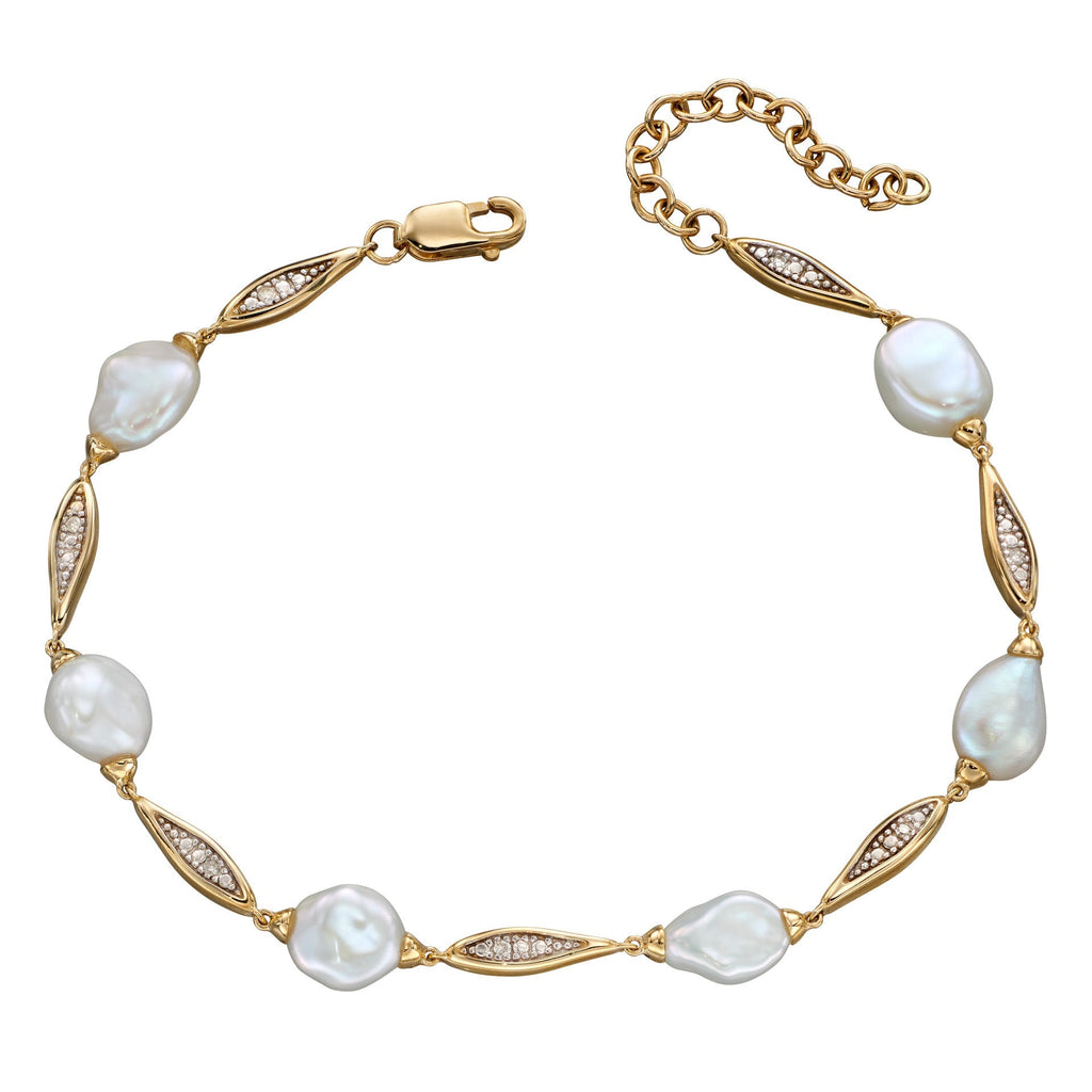 Gecko Jewellery White Keshi Pearl & Diamond Station Bracelet in 9ct Gold