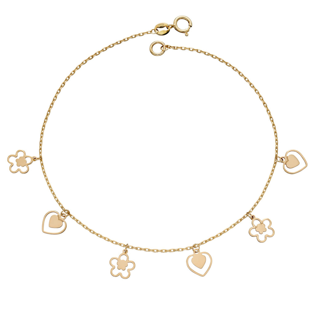Gecko Jewellery 9ct Gold Heart and Flower Charm Bracelet for Women