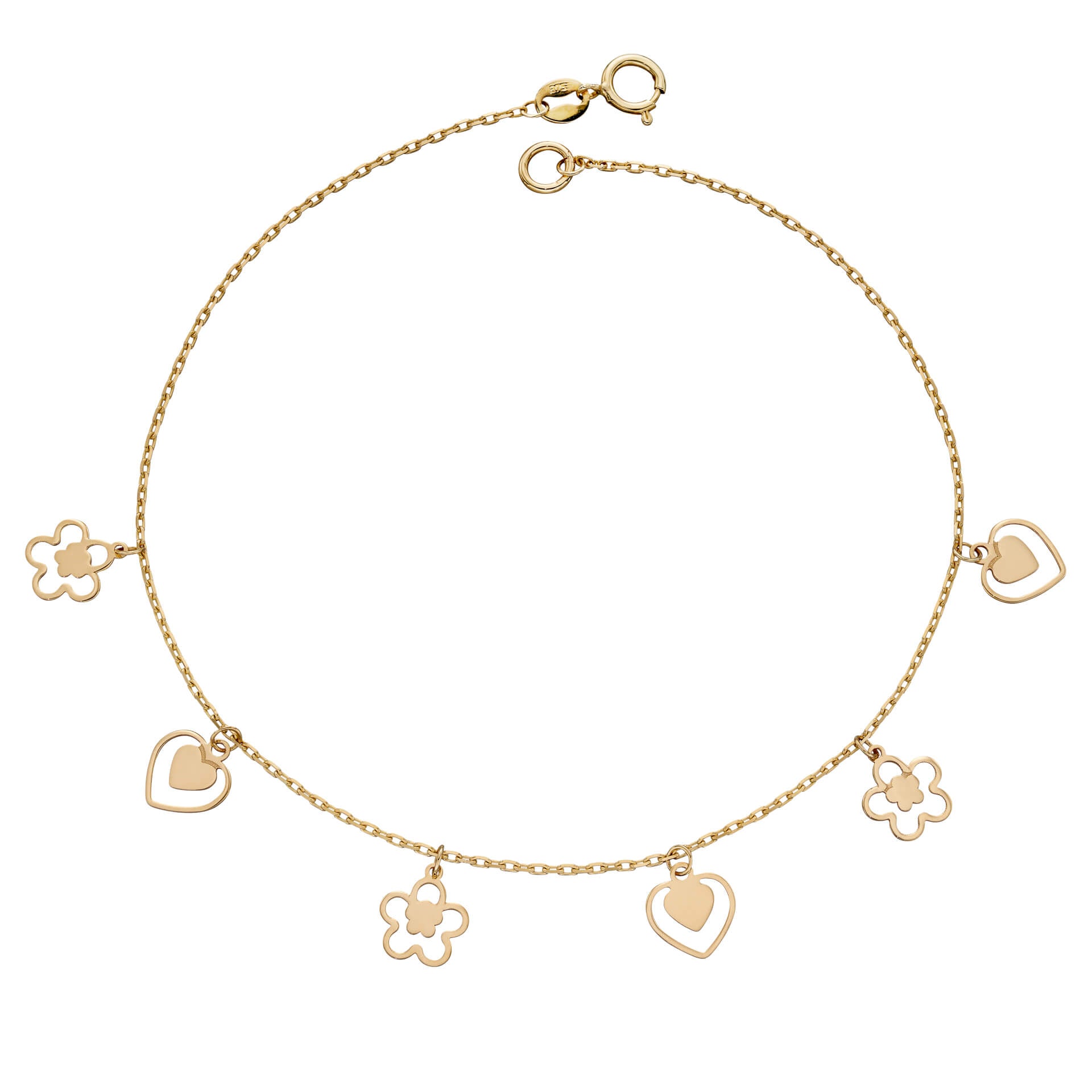 Gecko Jewellery 9ct Gold Heart and Flower Charm Bracelet for Women