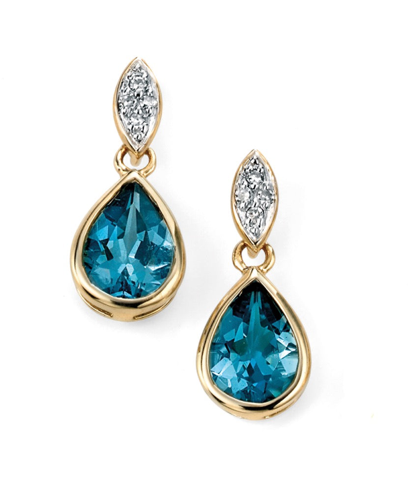 London Blue Topaz and Diamond Teardrop Earrings in 9ct Yellow Gold