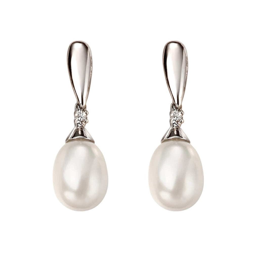 Freshwater Pearl and Diamond Drop Earrings in 9ct Gold | Gecko Jewellery