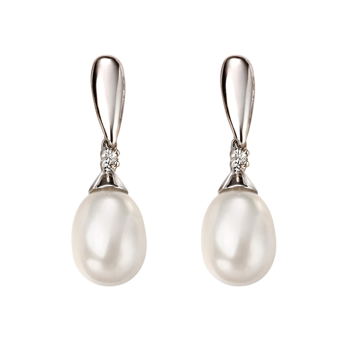 Freshwater Pearl and Diamond Drop Earrings in 9ct Gold | Gecko Jewellery