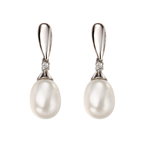 Freshwater Pearl and Diamond Drop Earrings in 9ct Gold | Gecko Jewellery