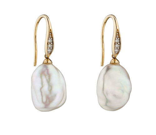 Gecko Jewellery White Keshi Pearl and Diamond Hook Earrings in 9ct Gold
