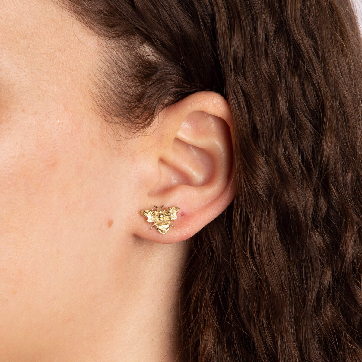 Gecko Jewellery 9ct Gold Bee Stud Earrings – Detailed Insect Jewelry