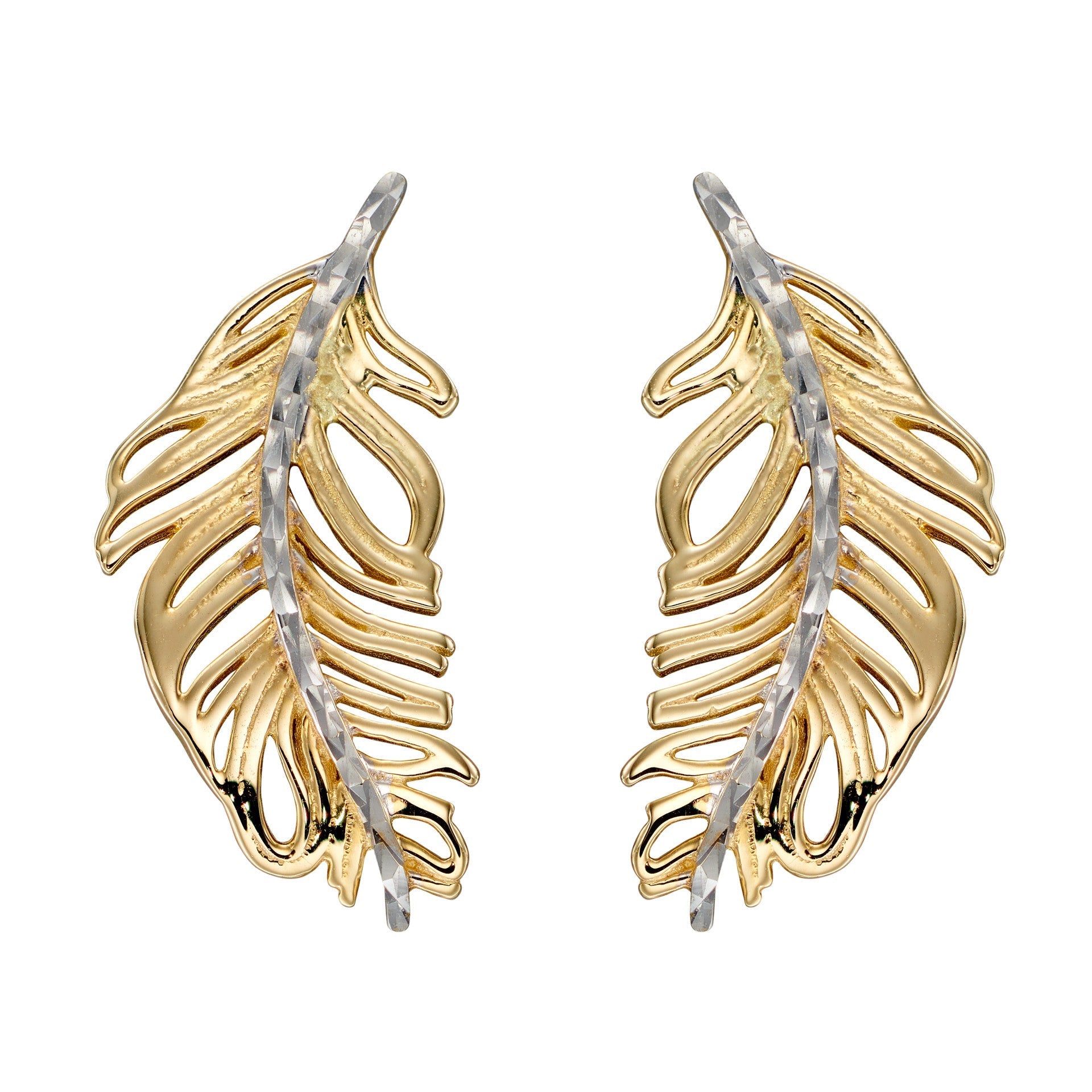Gecko Jewellery Feather Earrings – 9ct Yellow and White Gold Statement
