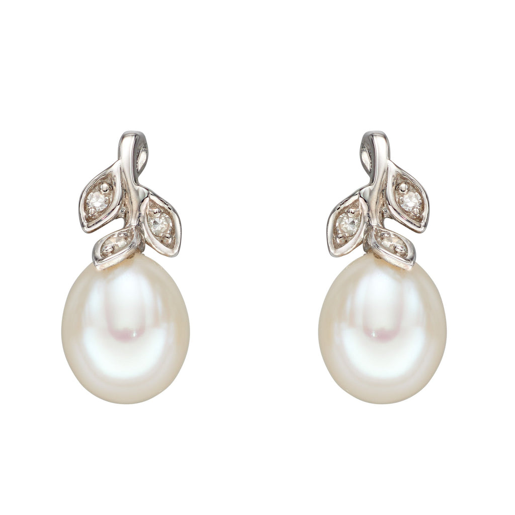 Gecko Jewellery 9ct White Gold Freshwater Pearl and Diamond Vine Earrings
