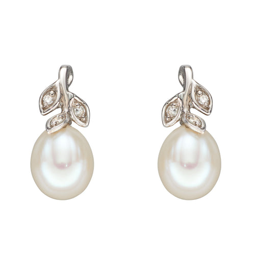 Gecko Jewellery 9ct White Gold Freshwater Pearl and Diamond Vine Earrings
