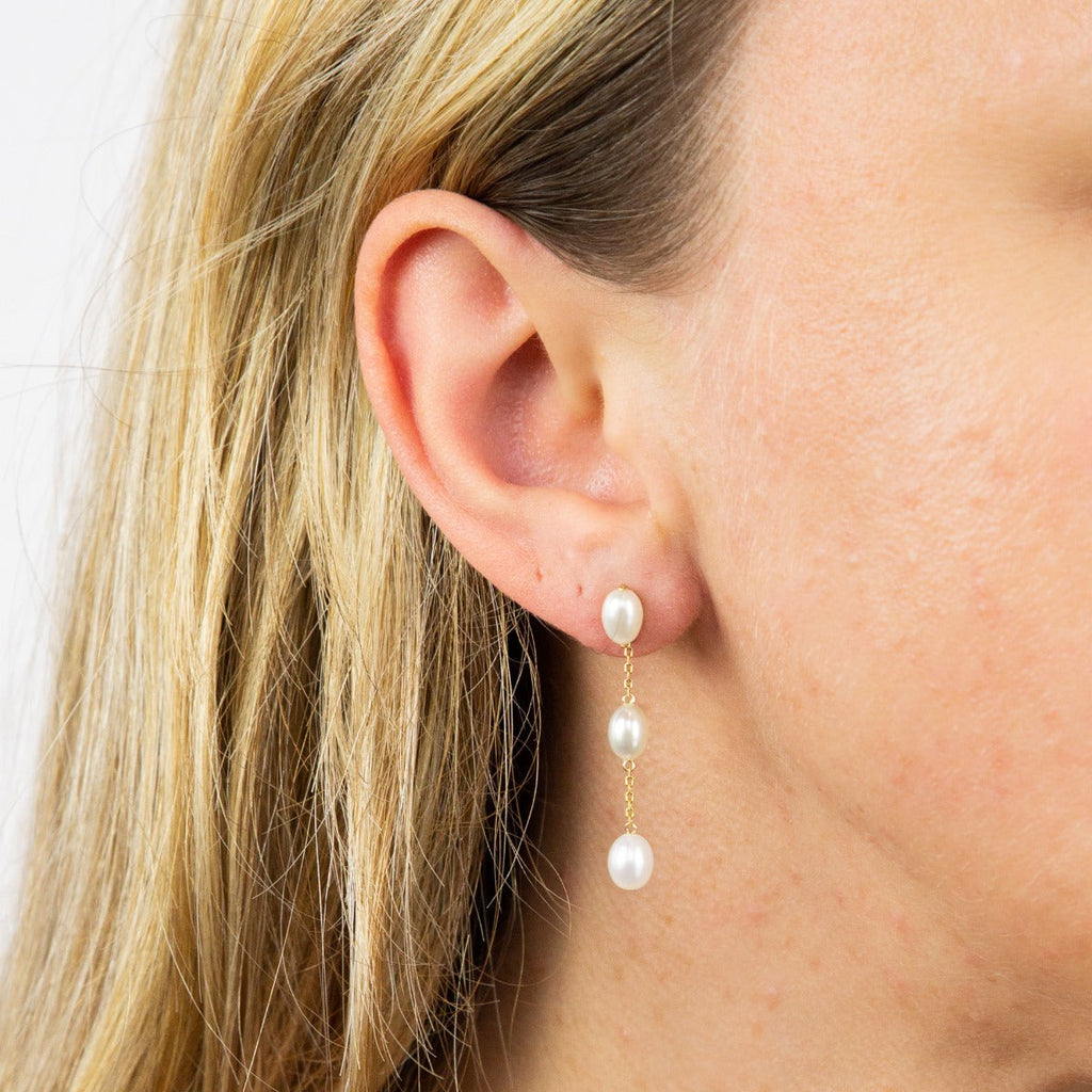 Freshwater Pearl Tier Drop Earrings in 9ct Yellow Gold | Gecko Jewellery