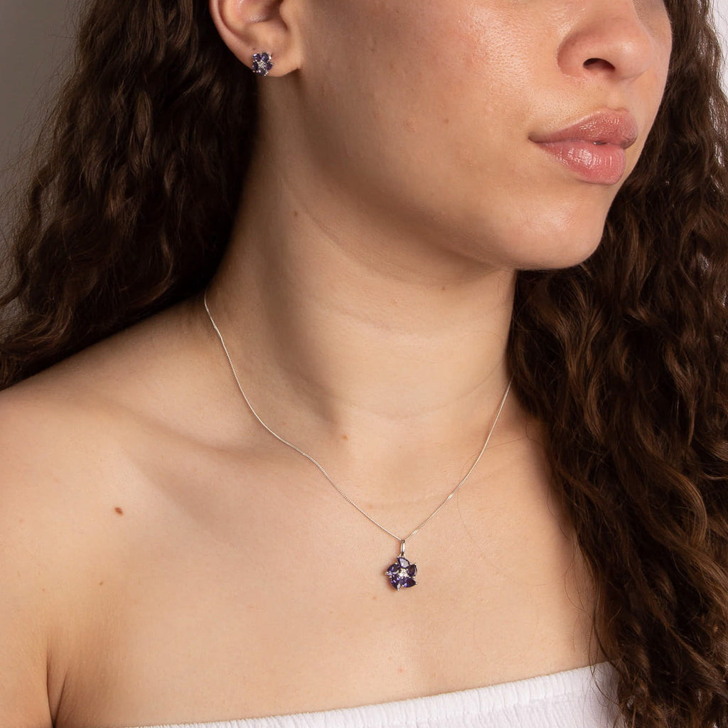 Gecko Jewellery Peony Flower Pendant | 9ct White Gold Iolite & Diamond