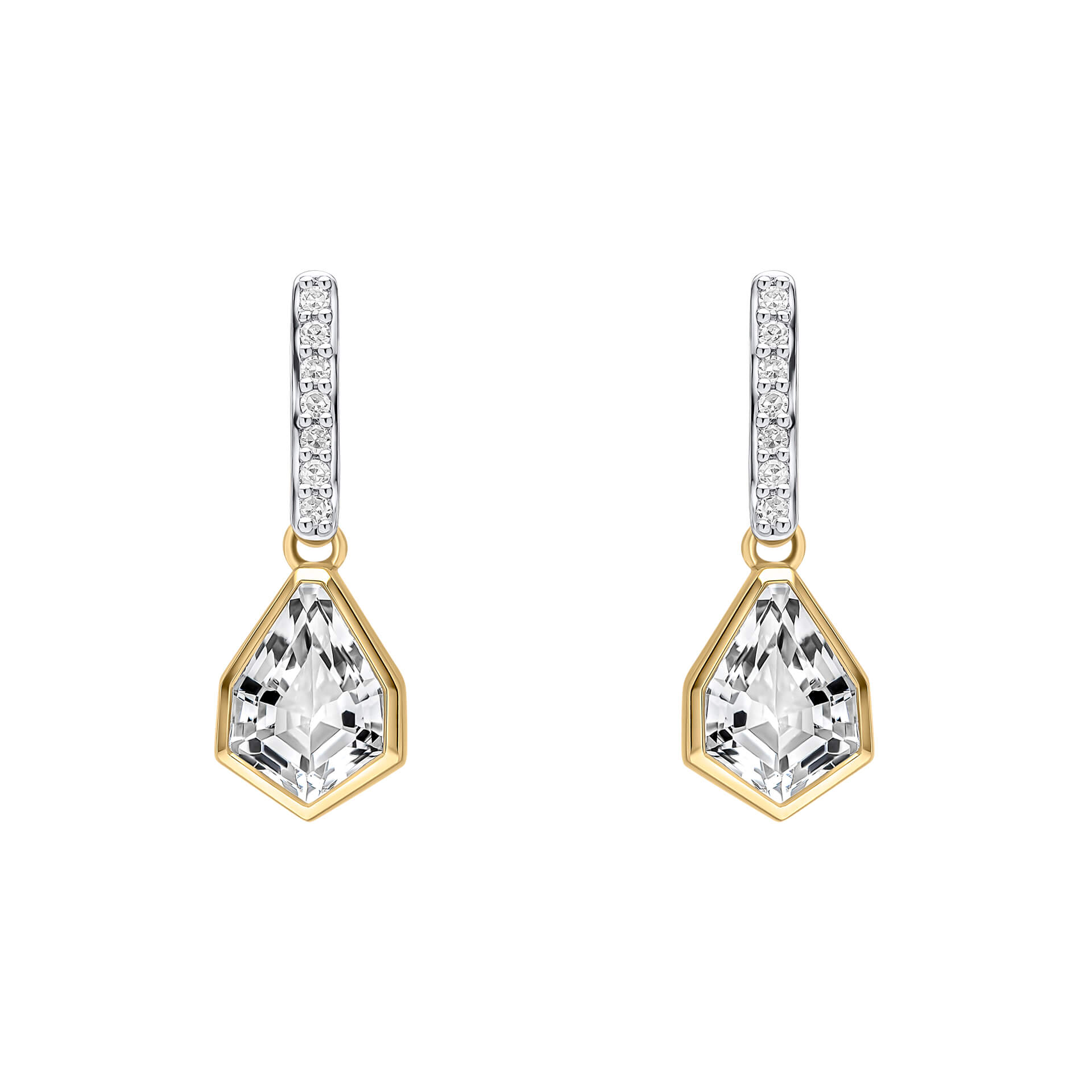Gecko Jewellery Shield Cut White Topaz & Diamond 9ct Gold Drop Earrings