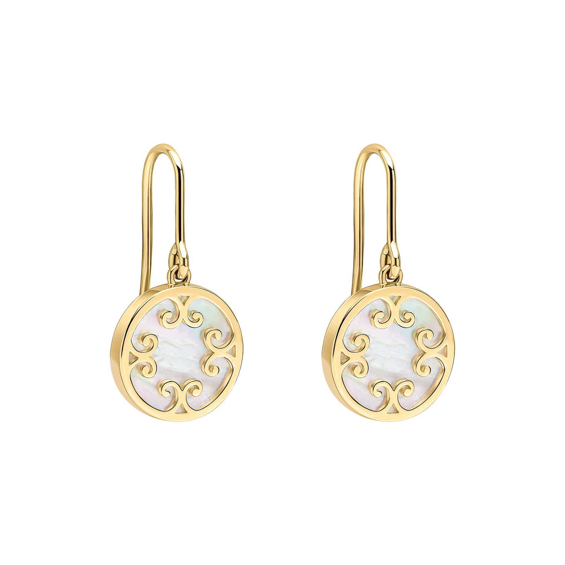 Mother of Pearl Inlay Swirl Earrings in 9ct Yellow Gold | Gecko Jewellery