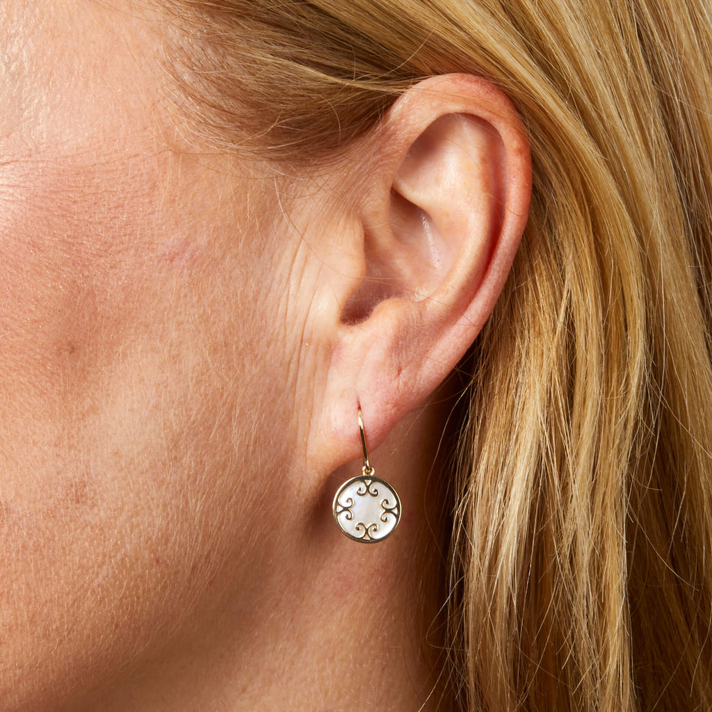 Mother of Pearl Inlay Swirl Earrings in 9ct Yellow Gold | Gecko Jewellery