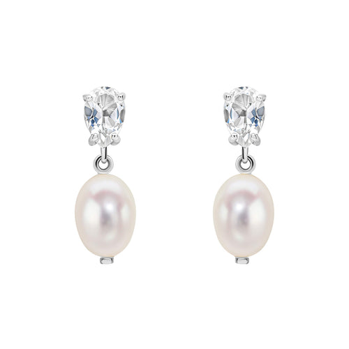 Gecko Jewellery 9ct White Gold Baroque Pearl & White Topaz Drop Earrings