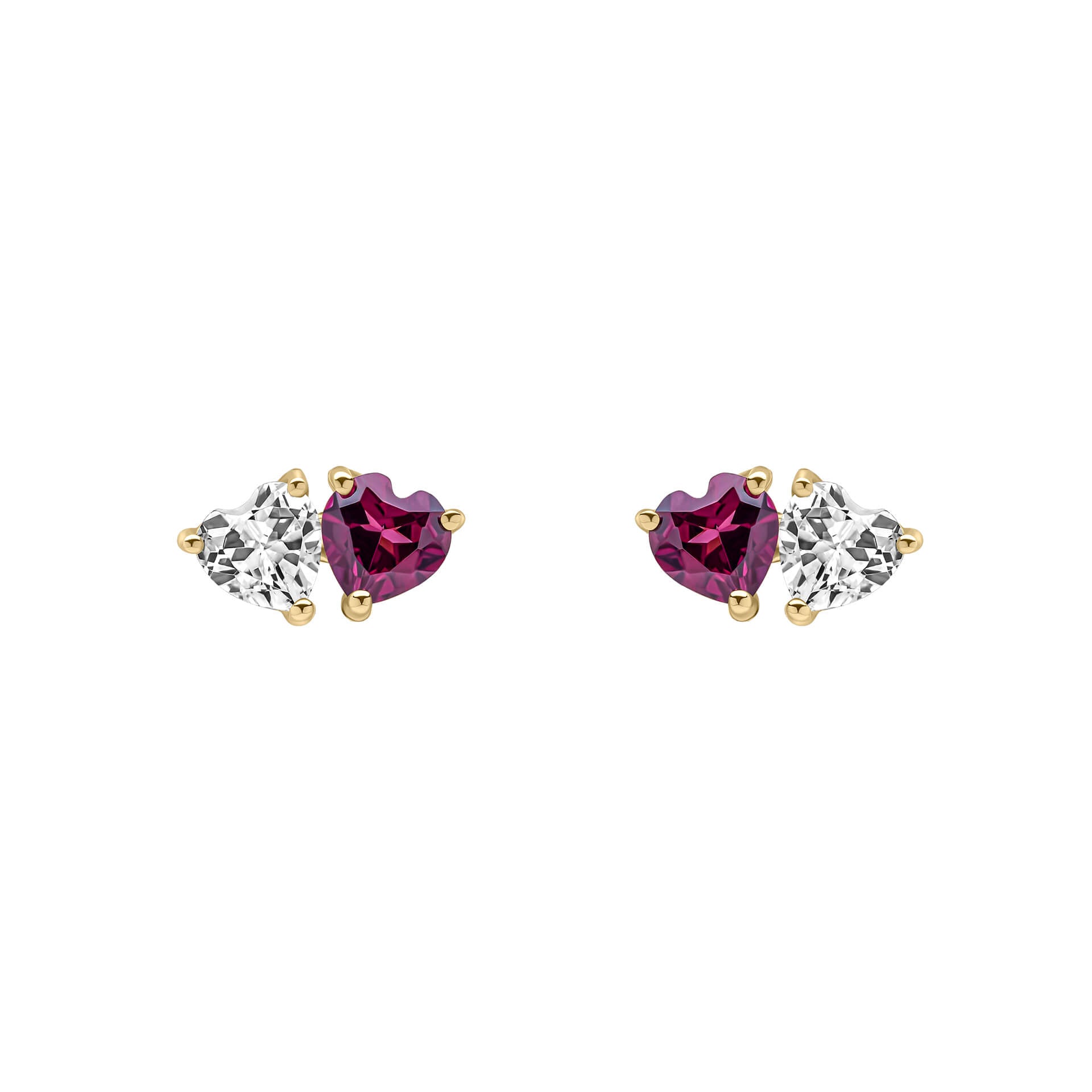 Gecko Jewellery Toi et Moi 9ct Gold Heart Stud Earrings | Topaz & Garnet