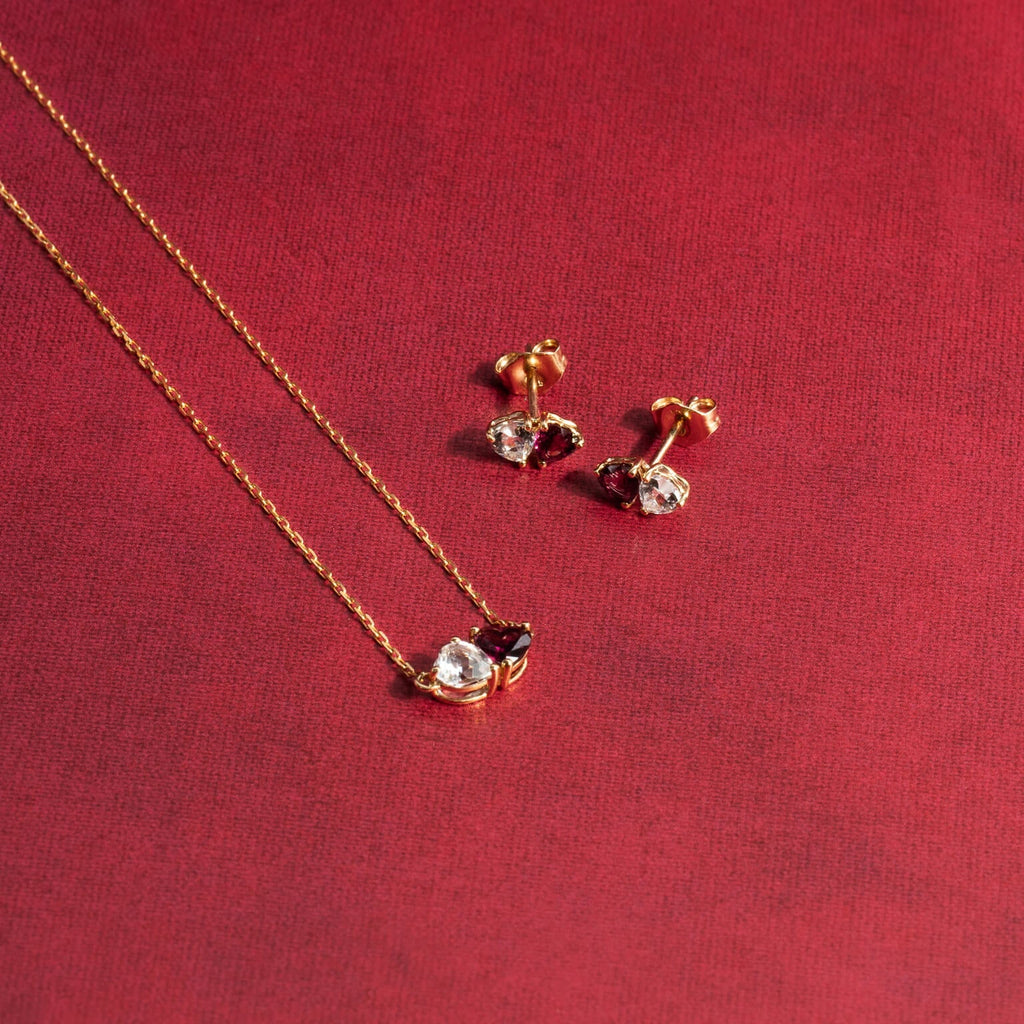 Gecko Jewellery Toi et Moi Heart Necklace | 9ct Gold Topaz & Garnet