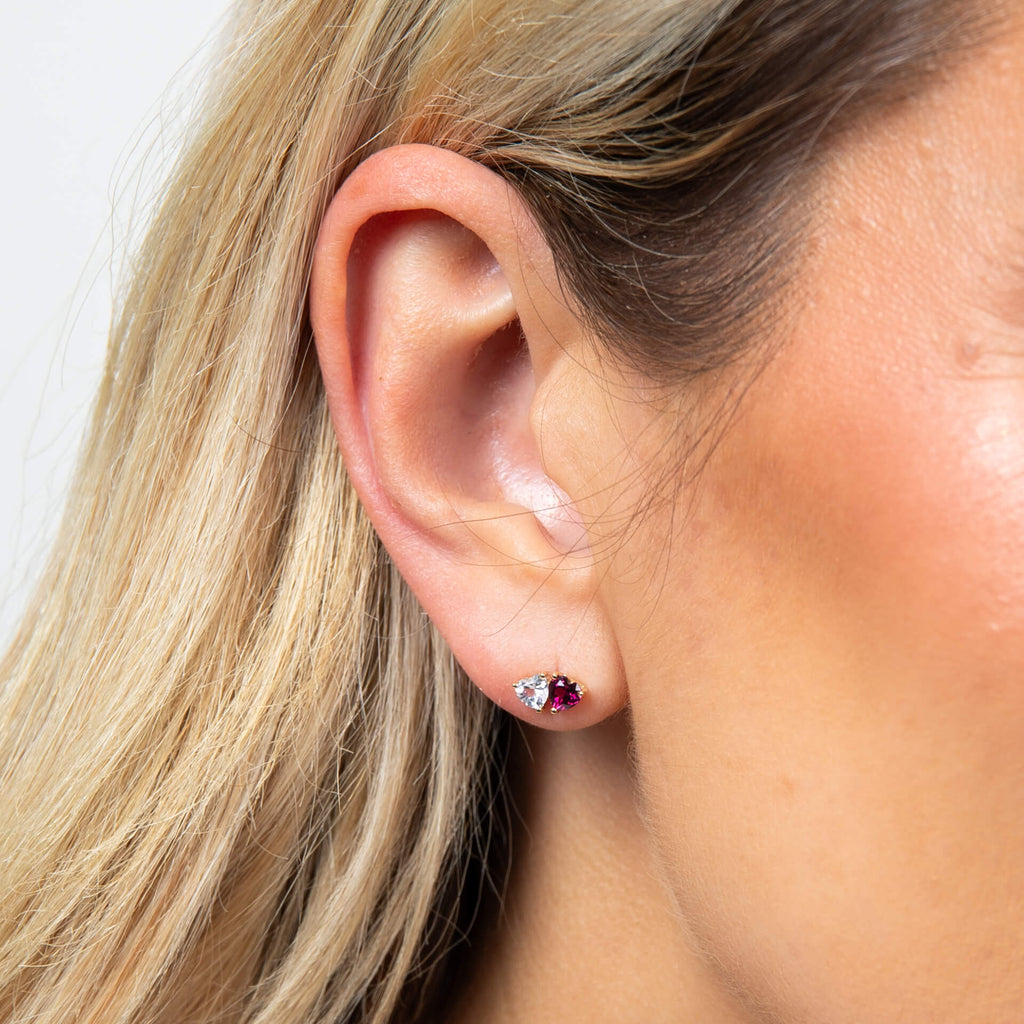Gecko Jewellery Toi et Moi 9ct Gold Heart Stud Earrings | Topaz & Garnet