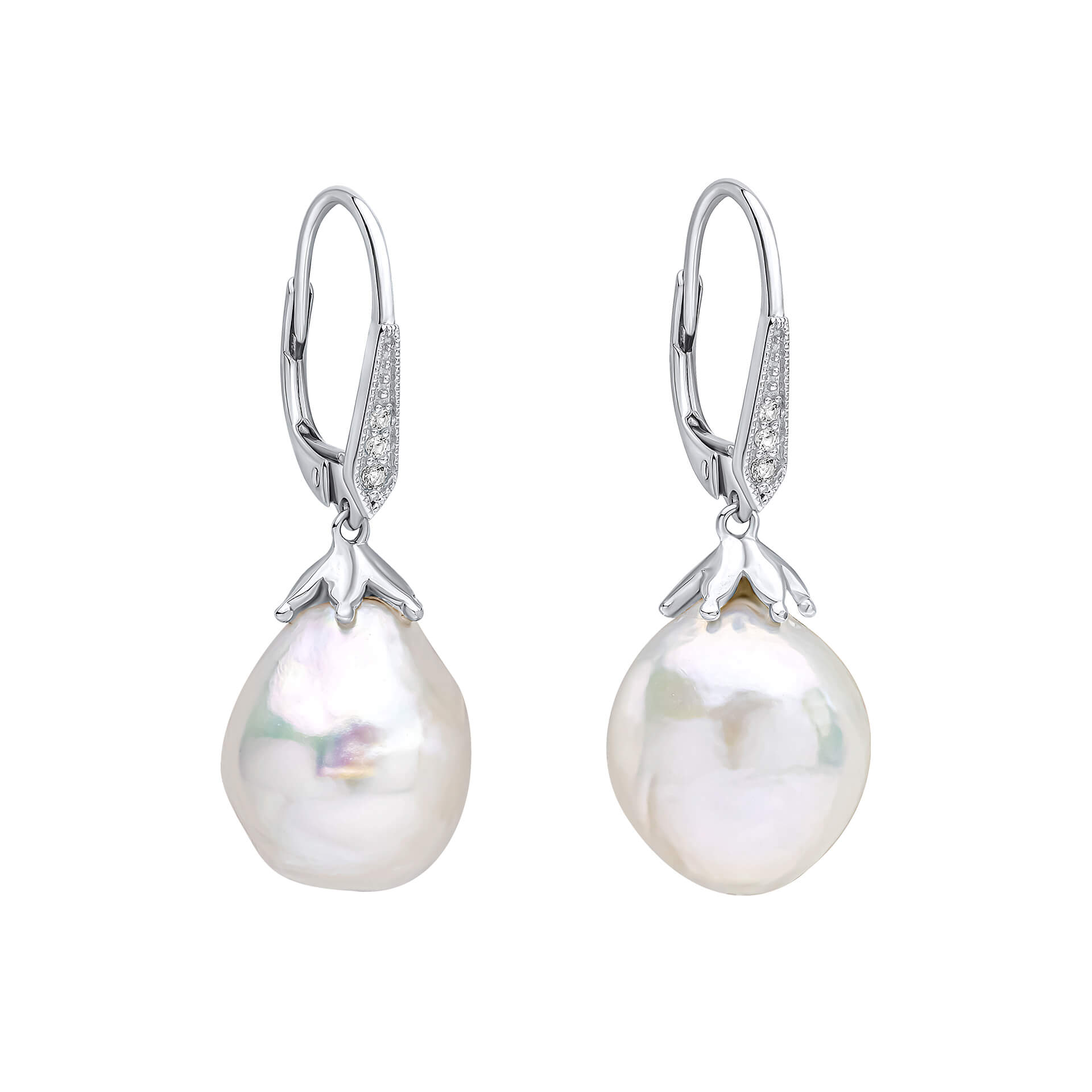 Gecko Jewellery Baroque Pearl & White Topaz 9ct White Gold Drop Earrings
