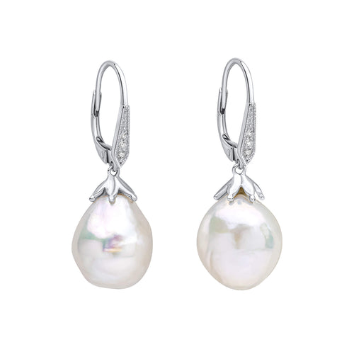 Gecko Jewellery Baroque Pearl & White Topaz 9ct White Gold Drop Earrings