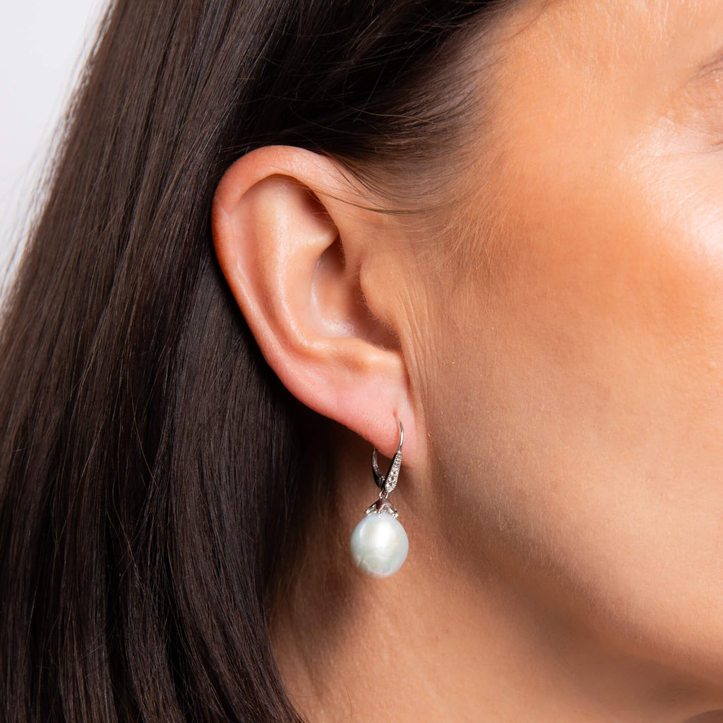 Gecko Jewellery Baroque Pearl & White Topaz 9ct White Gold Drop Earrings