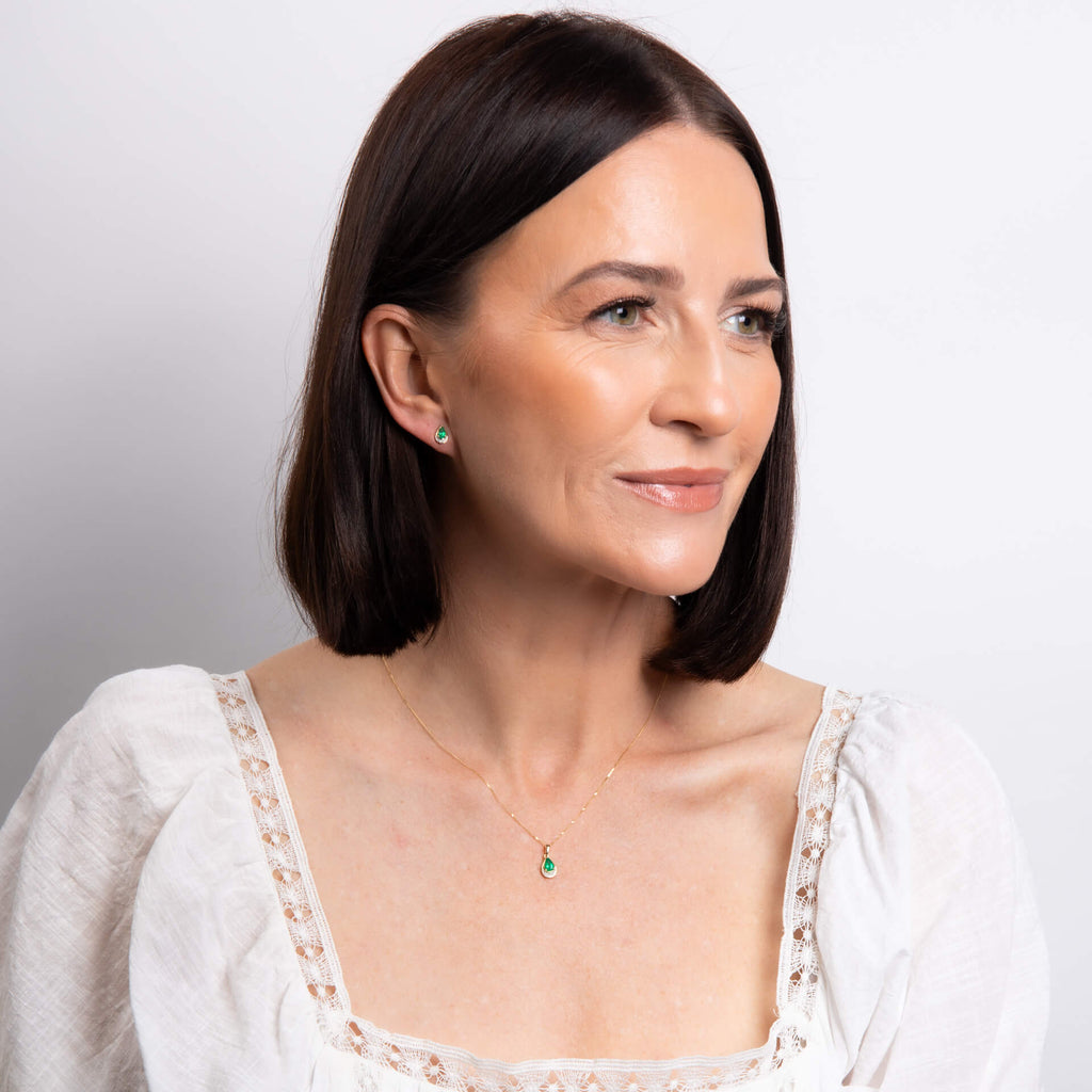 Gecko Jewellery Teardrop Emerald and Diamond Pendant in 9ct Yellow Gold