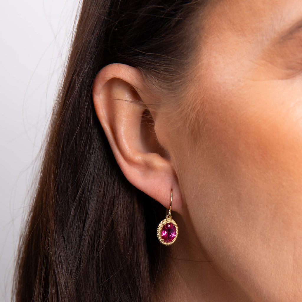 Gecko Jewellery 9ct Gold Oval Cut Pink Topaz Vintage Drop Earrings