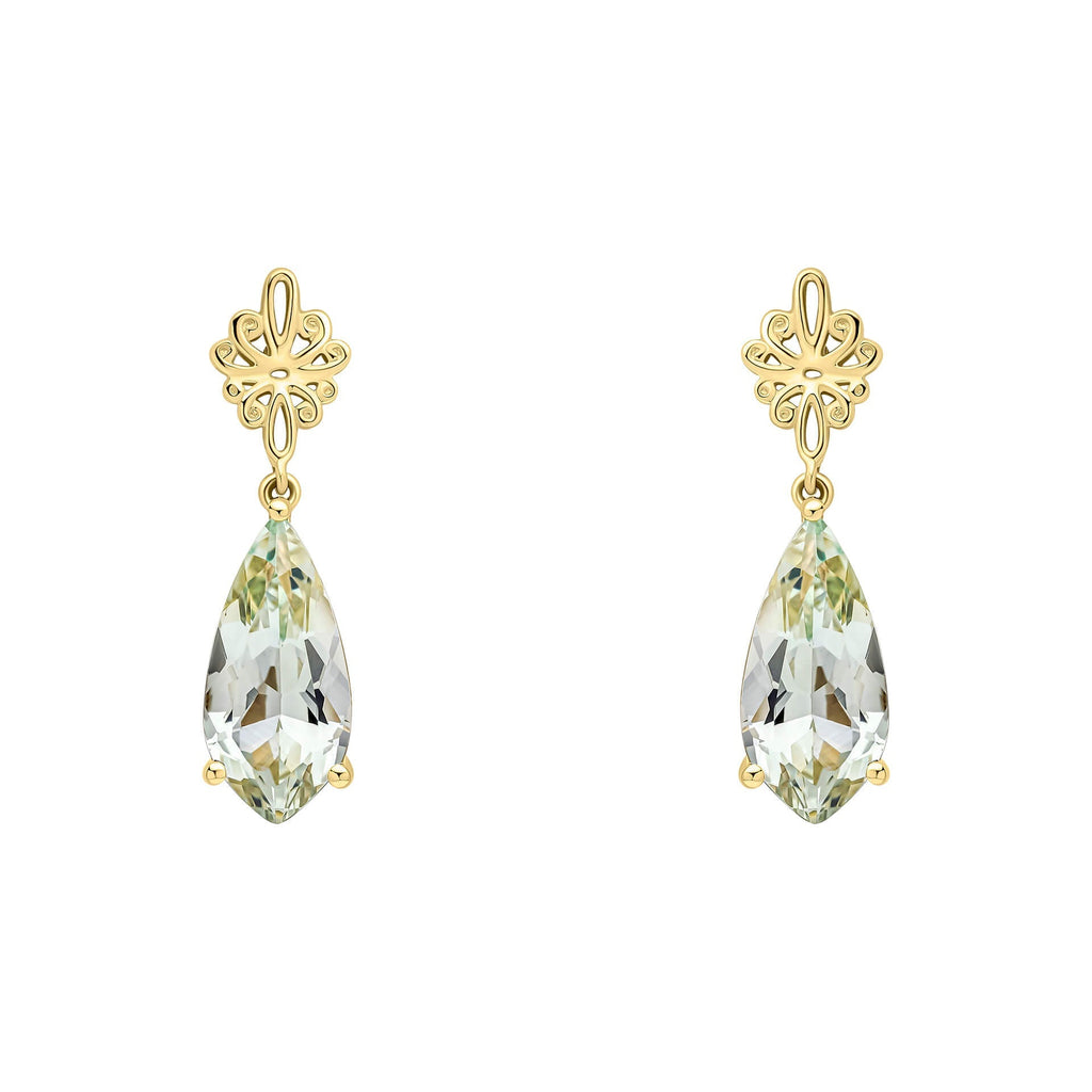 Gecko Jewellery Green Quartz Drop Earrings in 9ct Yellow Gold