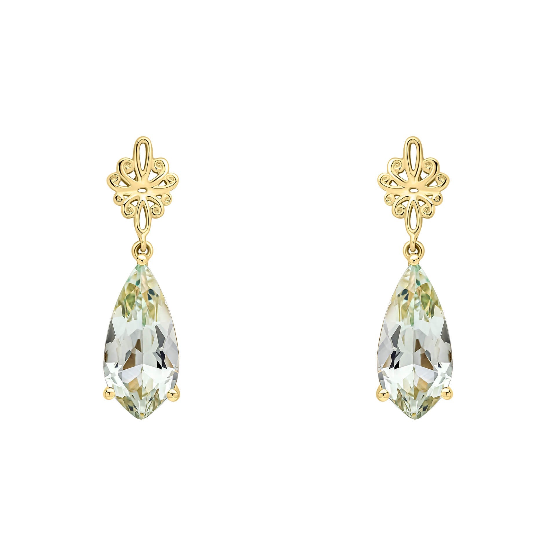Gecko Jewellery Green Quartz Drop Earrings in 9ct Yellow Gold