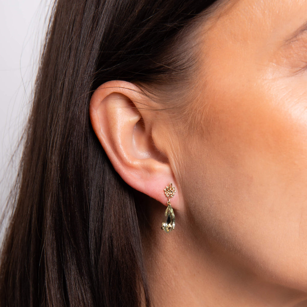 Gecko Jewellery Green Quartz Drop Earrings in 9ct Yellow Gold