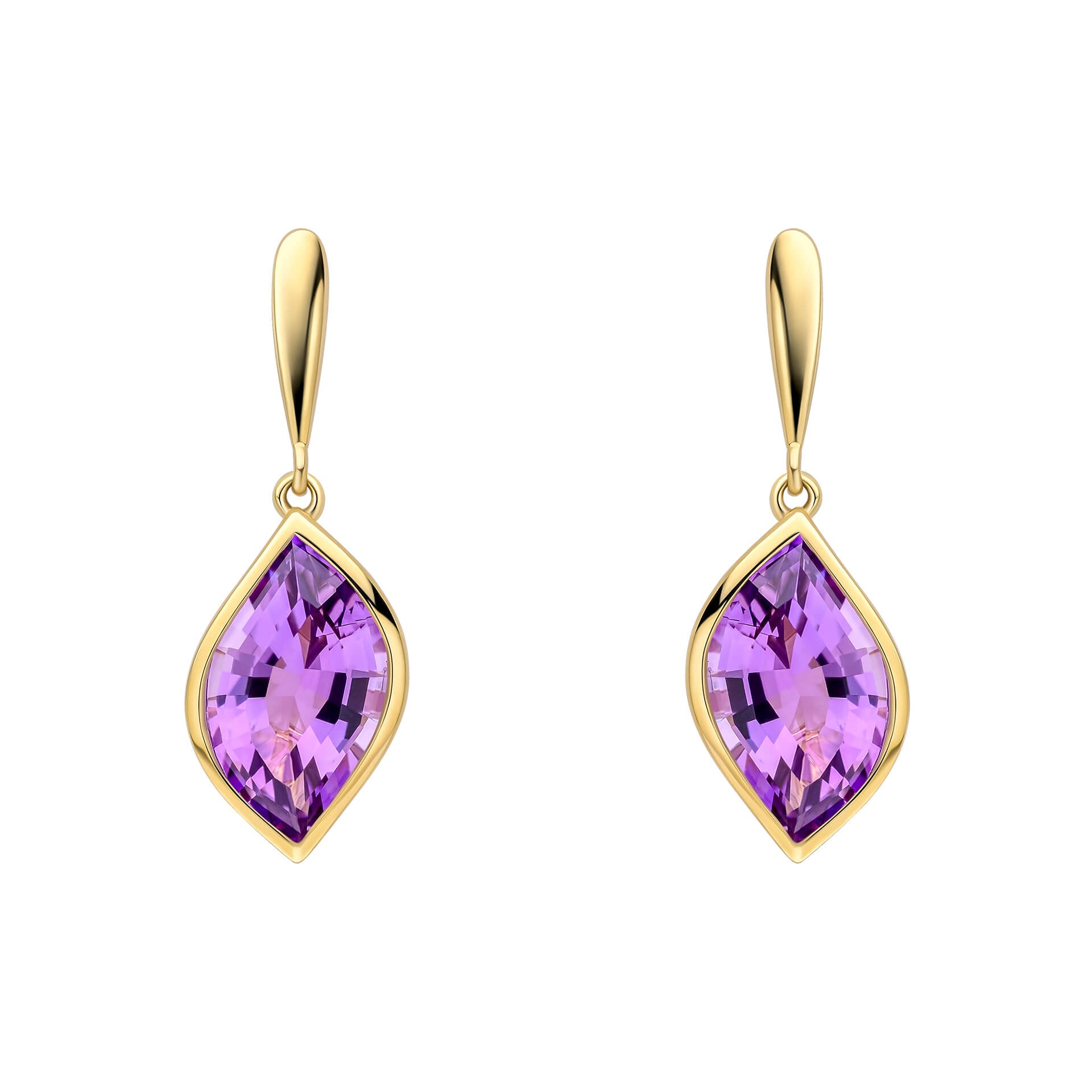 Gecko Jewellery 9ct Yellow Gold Flame Cut Amethyst Drop Earrings