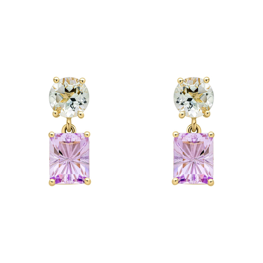 Gecko Jewellery Toi et Moi Green Quartz & Amethyst 9ct Gold Earrings